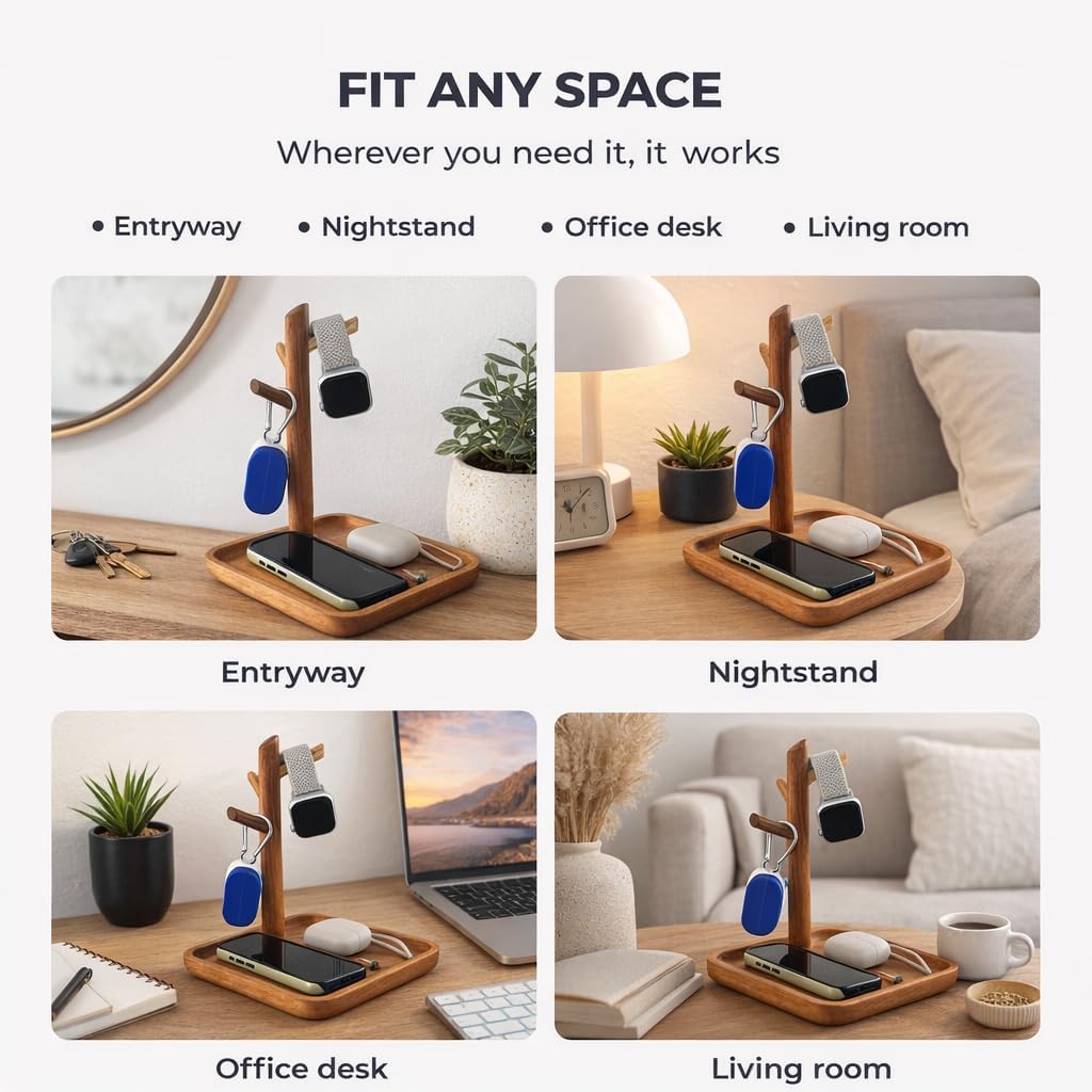 Acacia Wood Key Tray for Entryway Table, Wooden Catchall Organizer with Jewelry Storage Rack, Valet Tray for Keys Wallet Watches Sunglasses Rings(Rectangle)