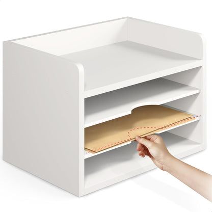 Ballucci File Organizer, 2-Tier Document Paper Sorter, Stackable Wood Desk Organizer Mail Holder, Monitor Stand with Storage Shelves, White