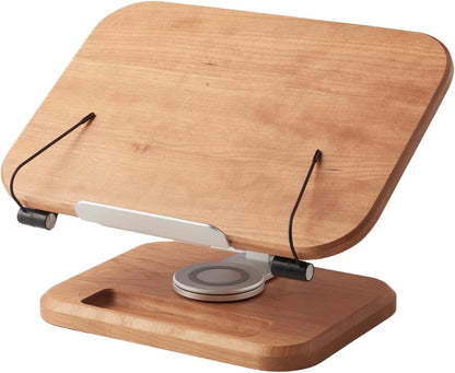 Book Stand for Reading, Mayhas Adjustable Book Holder with 360° Swivel Base&Page Clips, Foldable Desktop Stand for Cookbook, Fits All Books (Walnut, Wood Base)