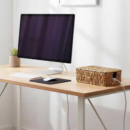 Cable Management Box with Lid 2 Pack Hand-Woven Water Hyacinth Decorative Cord Organizer 2 Side Open Slots Wicker Cable Box to Hide Cords Power Strip for Desk, Floor, Office