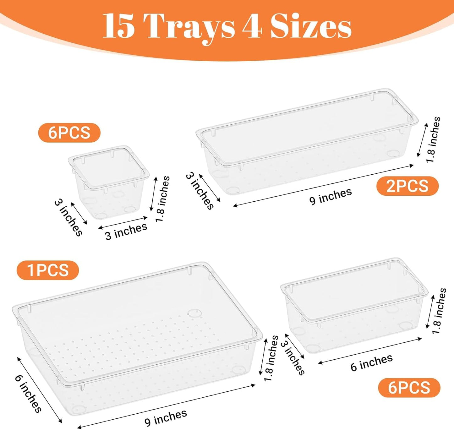 SpaceHacks 15 PCS Clear Plastic Drawer Organizer Set, 4-Size Acrylic Drawer Storage Trays, Storage Bins for Makeup, Gadgets, and Jewelry in Bathroom, Bedroom and Office, Clear Black