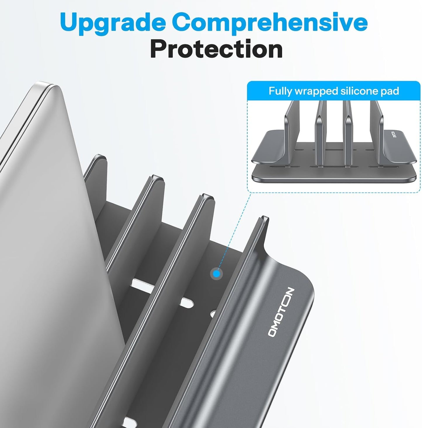 OMOTON Vertical Laptop Stand [Updated 3-Slots Version], Desktop Aluminum Mac Book Stand with Adjustable Dock Size, Fits All Mac Book, Chrome Book and Gaming Laptops (Up to 17.3 inch), Starlight