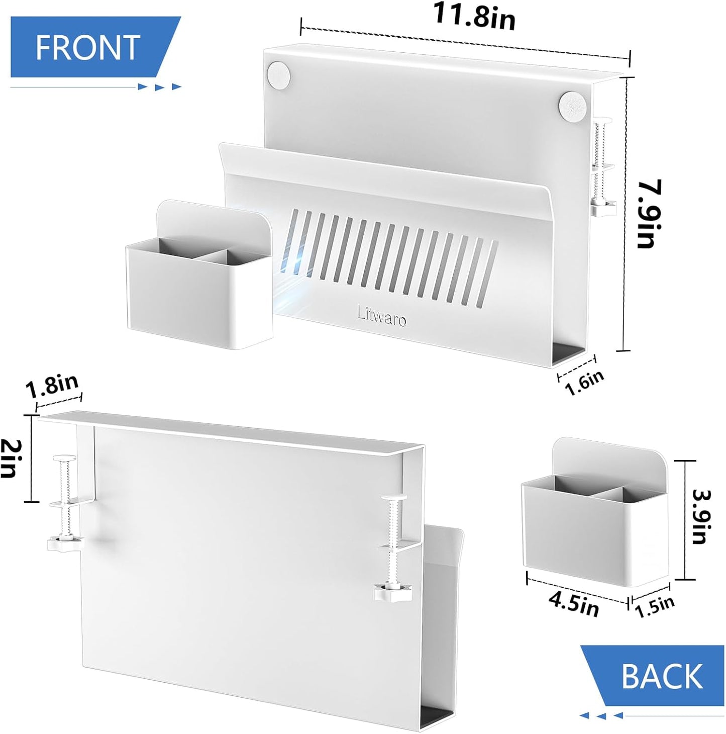Litwaro Desk Side Storage Organizer, 2 Tier Under Desk Laptop Holder No Drill, Laptop Mount with Magnetic Pen Holder, Hanging Desk Organizer Fits Flat Edge Desks 0.4" to 2.1" (White)