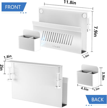 Litwaro Desk Side Storage Organizer, 2 Tier Under Desk Laptop Holder No Drill, Laptop Mount with Magnetic Pen Holder, Hanging Desk Organizer Fits Flat Edge Desks 0.4" to 2.1" (White)