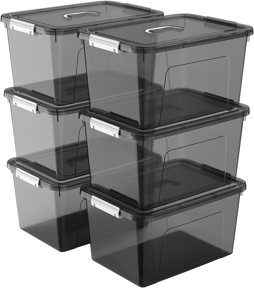 Stackable Plastic Black Storage Bins with Lids 6 Pack, 12 Quart Modular Organizer Boxes with Secure Latches for Closet, Pantry, Office and Small Item Storage