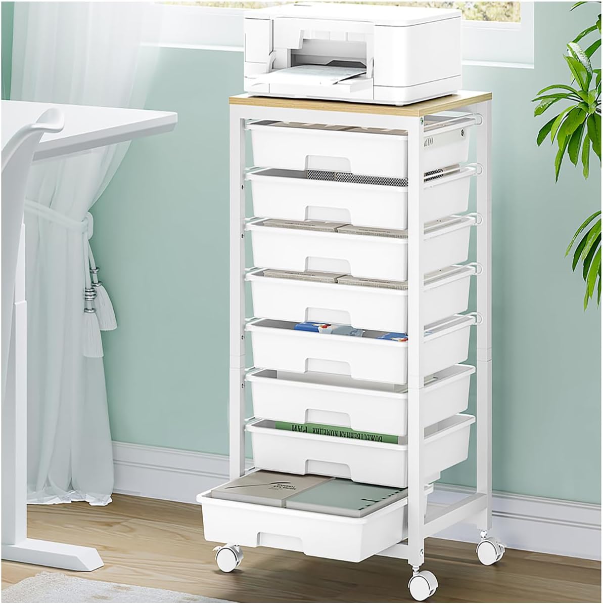 SYKIARIOL Rolling Storage Utility Cart with 6 Drawers and Wooden Tabletop for Under Desk Storage,White