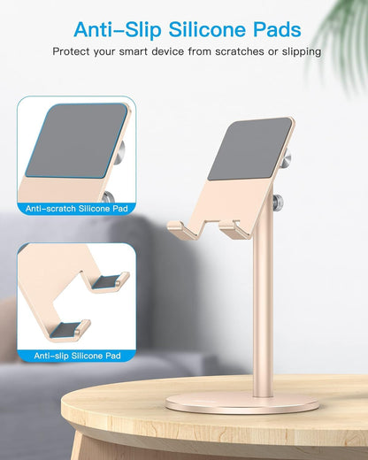 OMOTON Cell Phone Stand, Angle Height Adjustable Phone Holder, Aluminum Desktop Phone Dock for Desk, Compatible with iPhone 17 Pro Max, All Smartphones and Tablets(4-11''), Silver