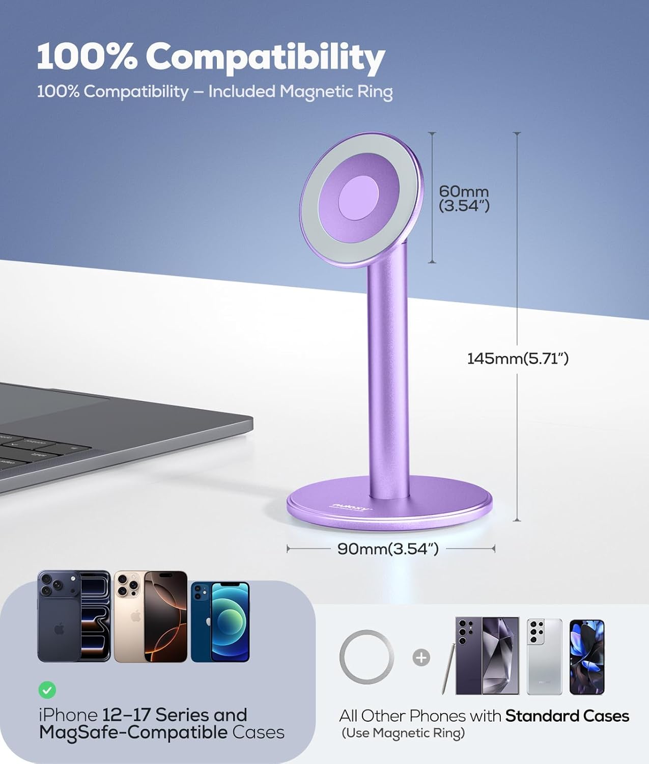 Nulaxy Magnetic Full Aluminum Cell Phone Stand for MagSafe with Metal Ring, 360 Rotating Phone Stand for Desk, Office Desk Accessories, Adjustable Phone Holder Compatible with All Phones, Gray