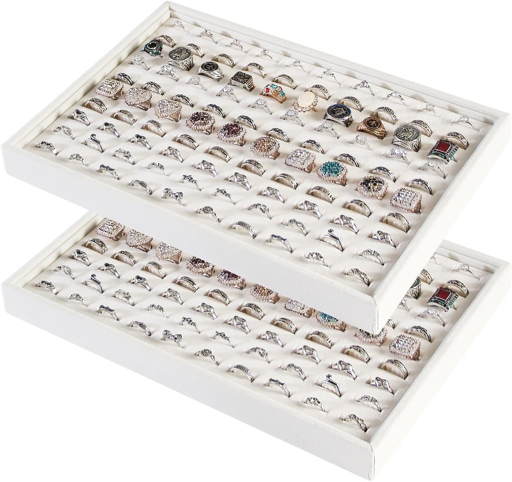 Coward Stackable Jewelry Trays Organizer Set with Clear Lid, Trays for Drawer, Earring Necklace Bracelet Ring Display Organizer (beige(ring+12girds+30girds+The glass lid))