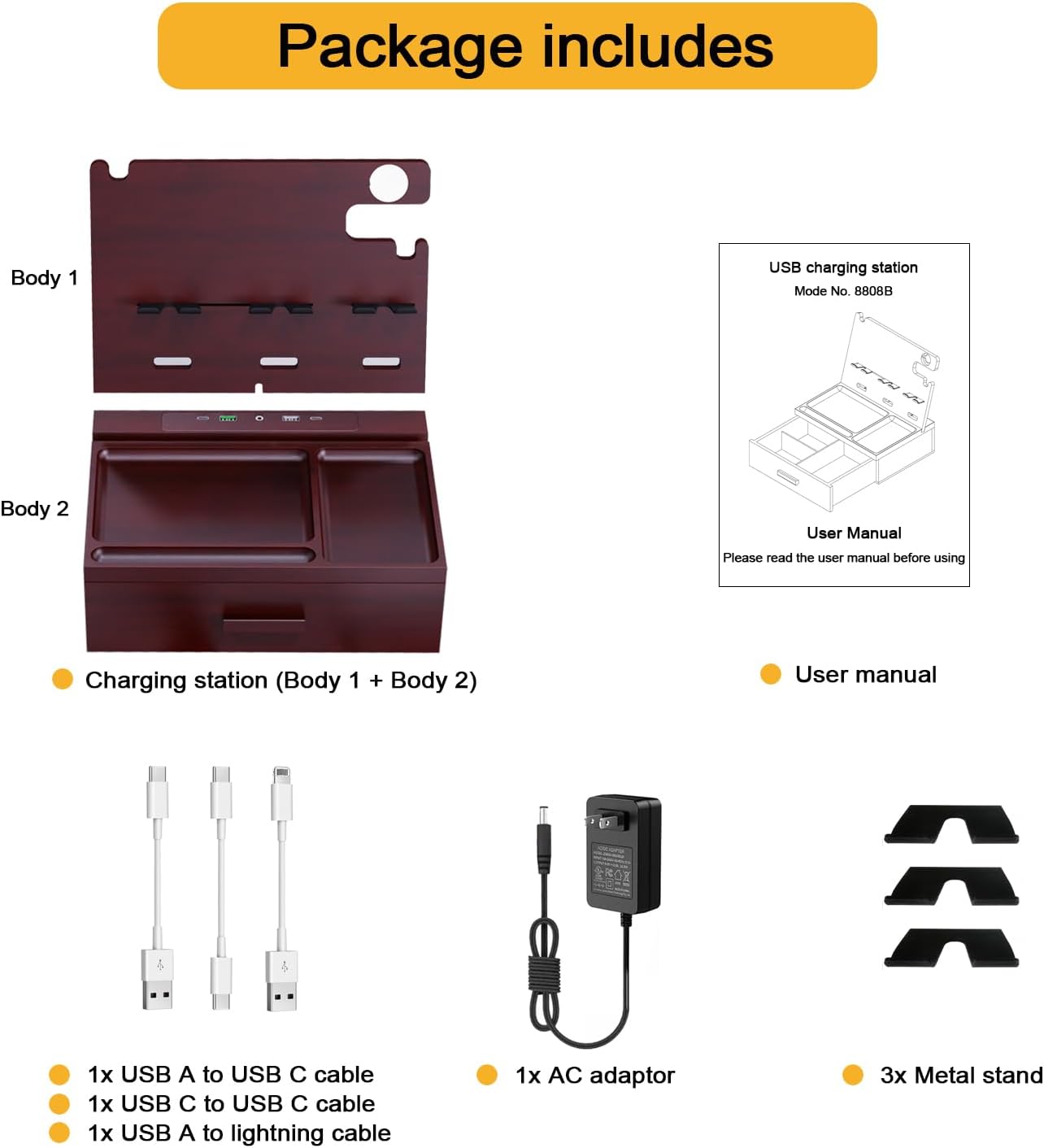 Wood Phone Docking Station with Drawer Nightstand Organizer for Men Dual Phone Charging Station for iPhone Samsung Google Desk Organizers Anniversary Birthday Gifts for Men Dad Him Husband