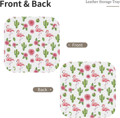 Leather Valet Tray Portable Desk Organizers for Keys Wallet Watch (Pink Rose Cactus Flamingo)