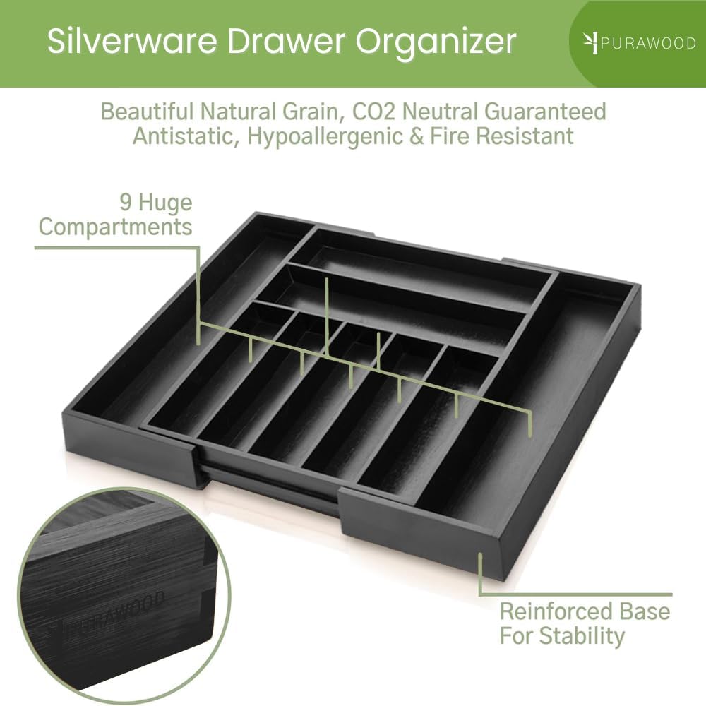 Purawood Kitchen Drawer Organizer - Expandable Utensil Drawer Organizer for Kitchen, Cutlery Tray & Silverware Organizer, 3-5 Slots - Bamboo Organizer for Utensils & Flatware (Natural)