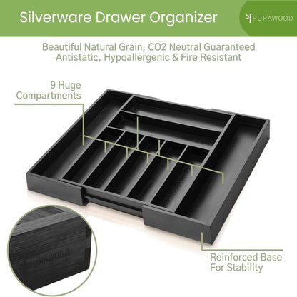 Purawood Kitchen Drawer Organizer - Expandable Utensil Drawer Organizer for Kitchen, Cutlery Tray & Silverware Organizer, 3-5 Slots - Bamboo Organizer for Utensils & Flatware (Natural)