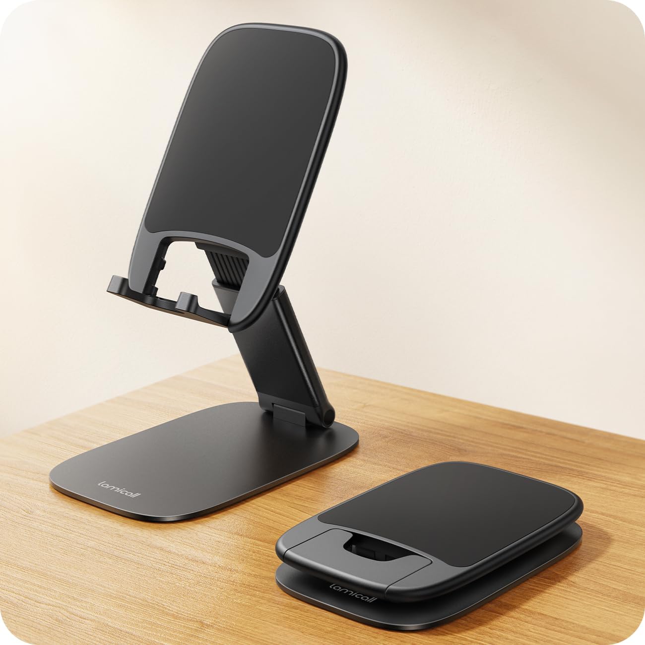 Lamicall Foldable Cell Phone Stand for Desk - [Ultra Thin] Portable Travel Holder, Height Adjustable, Weighted Metal Base, Thick Case Friendly for iPhone 17 16 15 Pro Max, Galaxy S26, Gift Mothers Day