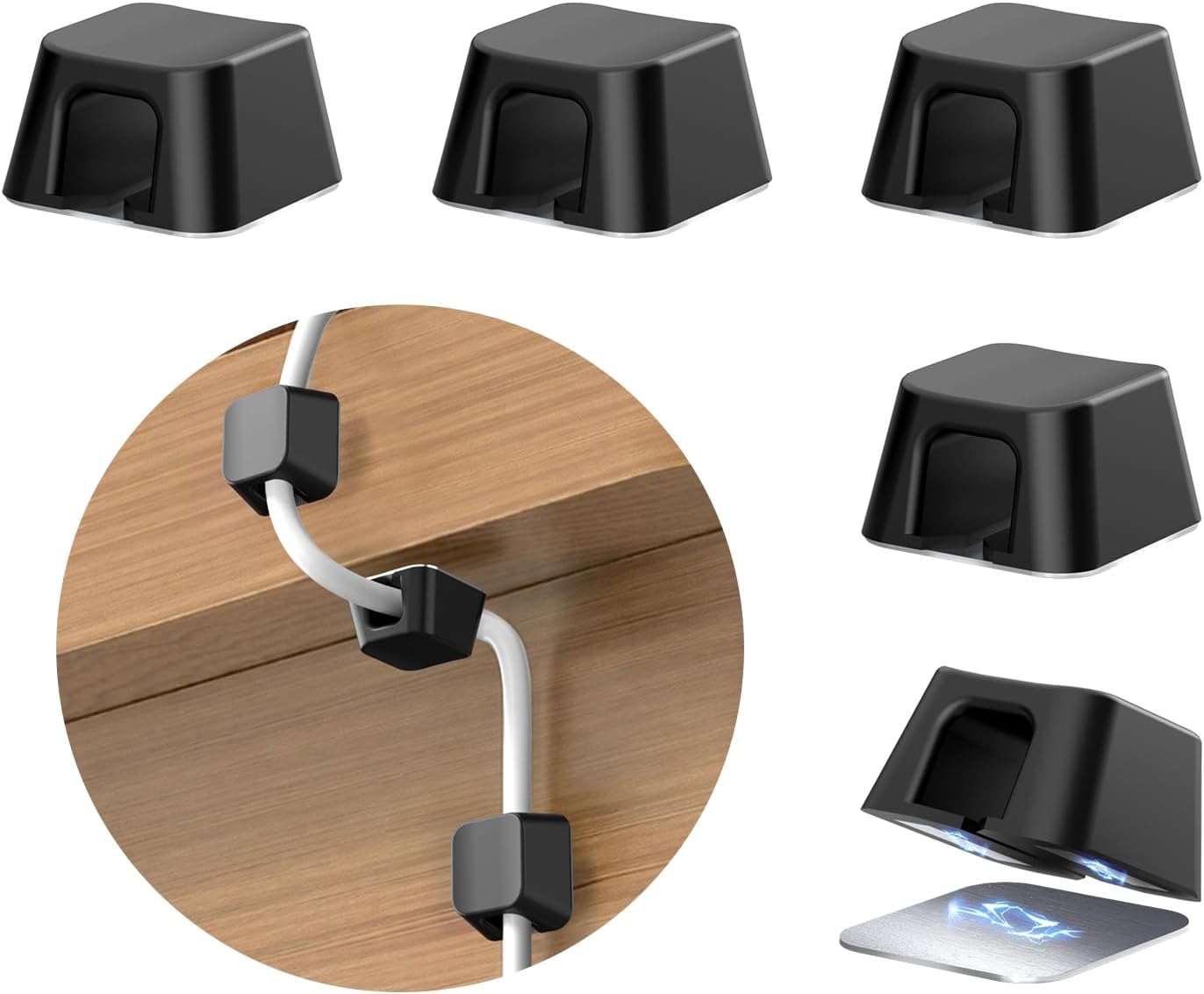 Maveek Magnetic Cord Holders, 5 Pack Silicone Magnet Cable Clips with Metal Plates, Standing Desk Wire Organizer for USB Charging Cables, Nightstand, Car, Metal Surface (Small, White)