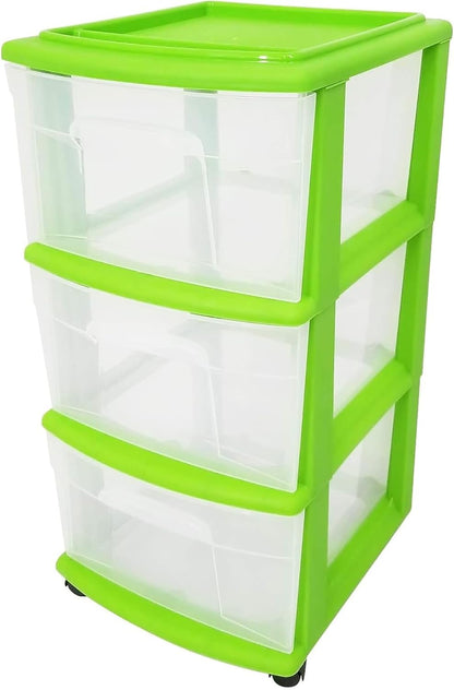 HOMZ Drawer Tower, 3-Tier Rolling Storage Cart with Removable Wheels, White Frame – Plastic Organizer with Clear Bin Drawers for Bedroom, Bathroom, Home Office, and Dorm Room