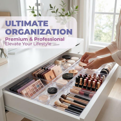 Acrylic Drawer Organizers - 18 Piece Modular Set with Premium Ultra-Strong Stay-Put Technology - Custom-Fit Makeup & Vanity Organizer Bins for Bathroom, Office & Craft, Kitchen