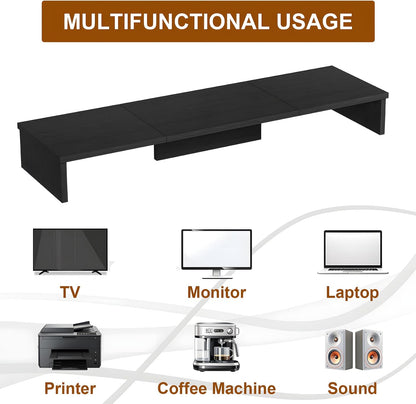 Qupui Computer Monitor Stand Riser with Drawer and Pen Holders, Desk Organizer Shelf and Accessories, Office Desk Accessories, Office Organization, Black