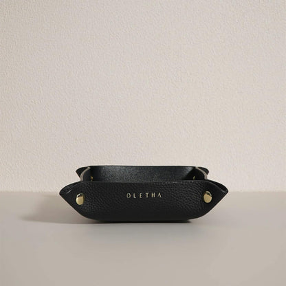 OLETHA Small Foldable Valet Tray - Aesthetic Desk Organizer for Home, Office & Travel - Portable Catch All Bowl for Keys, Scrunchie & Jewelry - Rattan Textured, Beige