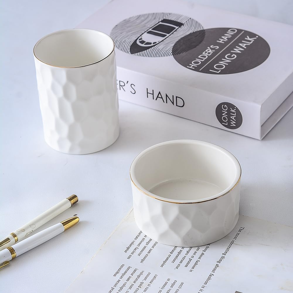 Ceramic Aesthetic Pen Holder for Desk Cute White Pencil Holder Cup Pot Desk Organizer Office Supplies - Stylish Office Decor, Makeup Brush Holder,Toothbrush Holder (White)