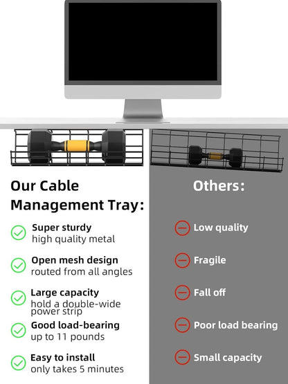 2 Pack DELAMU Under Desk Cable Management Tray, Large Metal Cord Organizer, Office & Home Cord Wire Management Under Desk Shelf, Easy Install Pre-drilled Cable Organizer, Black