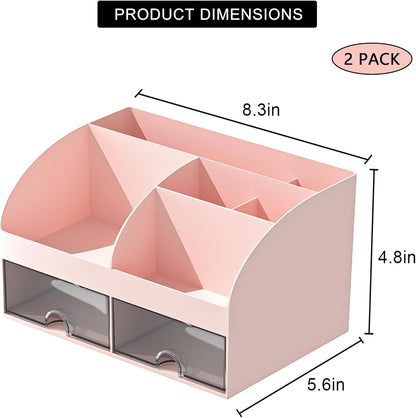 COMFYROOM Desk Organizer with 6 Compartments and 2 Drawers, Plastic Makeup Organizer, Pen Holder for Desktop Storage, Desk Organization for School, Home, Office Supplies (White)
