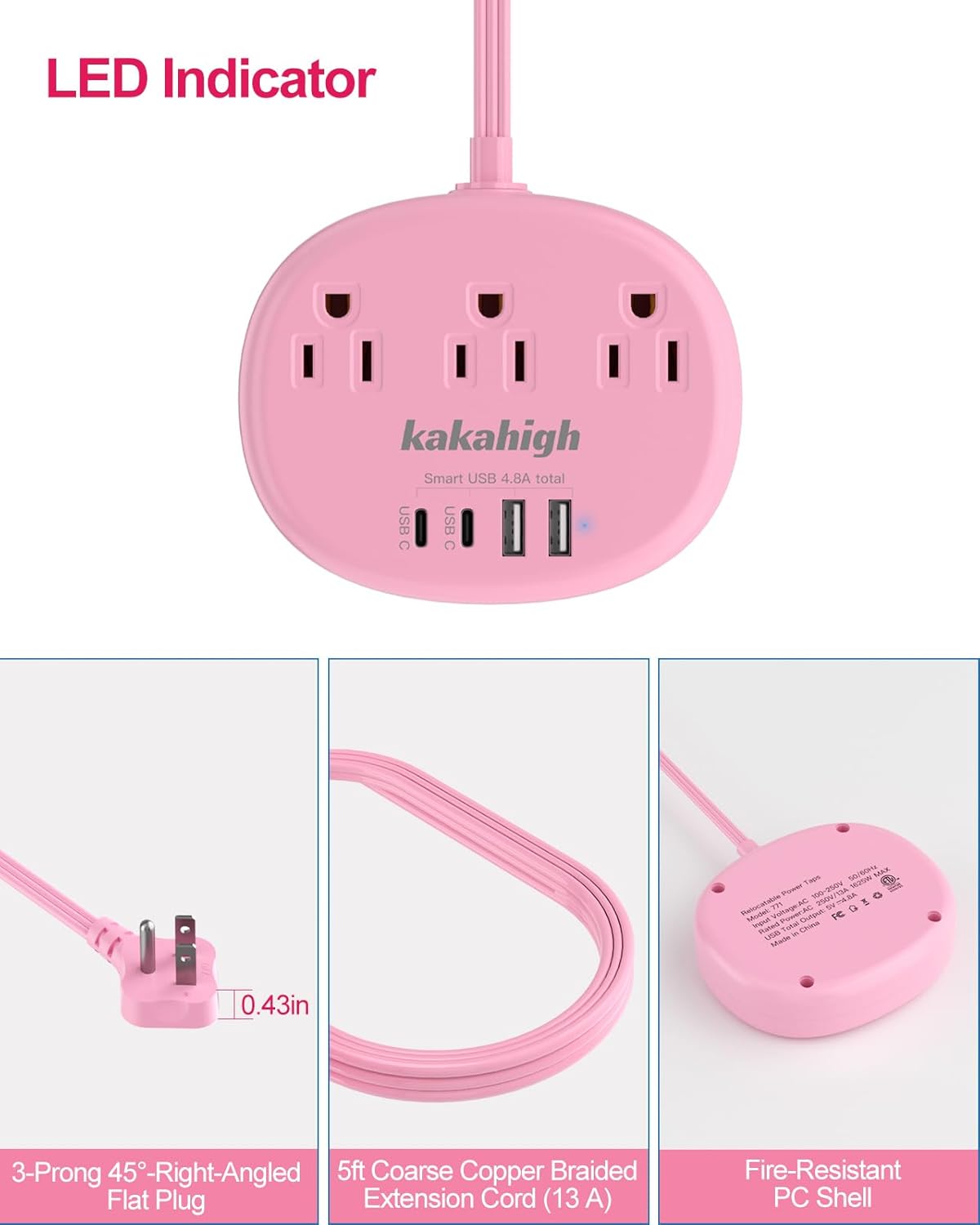Pink Extension Cord with Surge Protected 1080J - 5 FT Kawaii Power Strip, 1625W Cute Extension Cord with 3 AC Outlet 4 USB (24W/4.8A), Compact for Cute Pink Kawaii Desk Home Essentials
