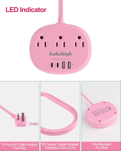 Pink Extension Cord with Surge Protected 1080J - 5 FT Kawaii Power Strip, 1625W Cute Extension Cord with 3 AC Outlet 4 USB (24W/4.8A), Compact for Cute Pink Kawaii Desk Home Essentials