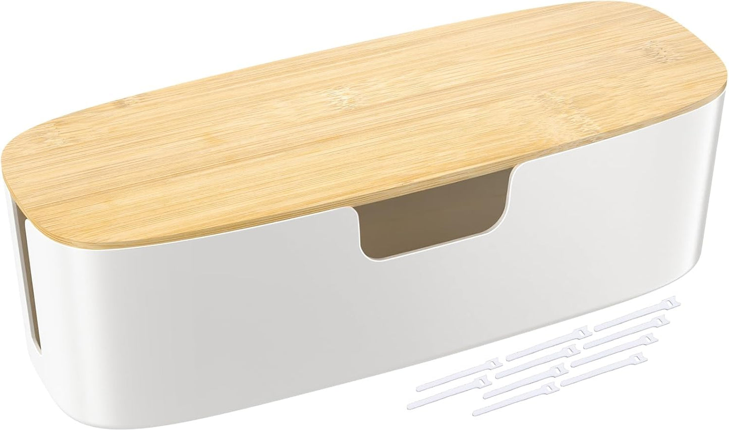 Large Cable Management Box - Cord Organize Box with Bamboo lid for Safe Home & Office, Cord Hider for Power Strip Under Desk, Cover TV Wires, Child & Pet Proof Cord Box, Black