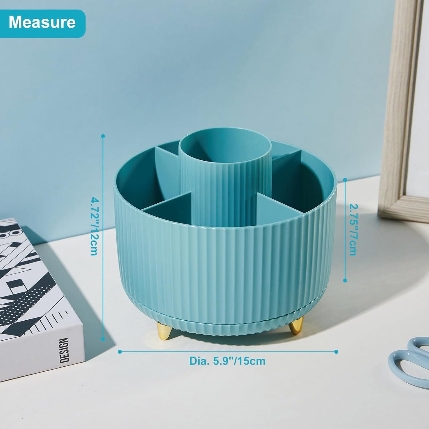Desk Pencil Pen Holder, 5 Slots 360 Degree Rotating Pencil Pen Organizers for Desk Desktop Storage Stationery Supplies Organizer Cute Pen Cup for Office School Home Art Supply Cream Yellow
