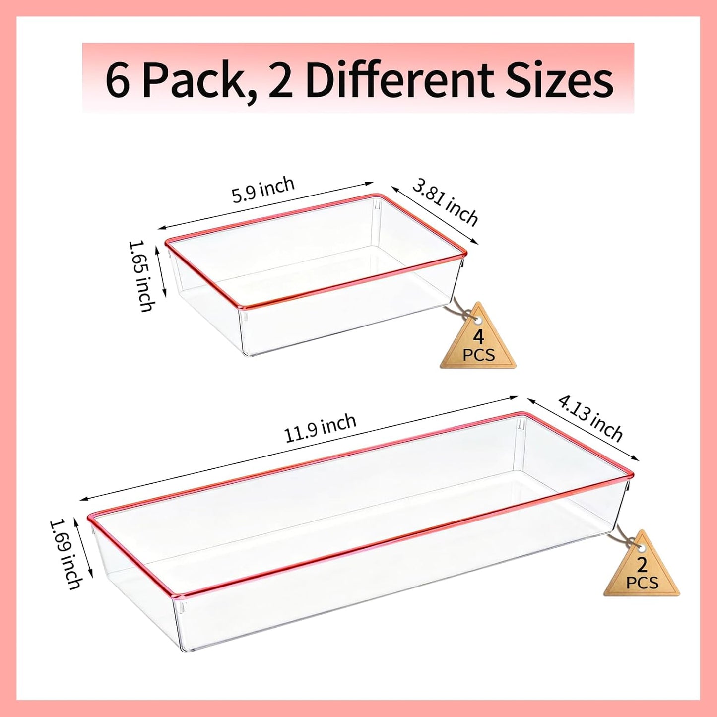 4 Pack Large Size Clear Stackable Drawer Organizer Trays, Gold Rim Makeup Drawer Storage Tray Divider, Desk Storage for Makeup, Jewelry, Bathroom, Stationary, Kitchen Utensils and Office Desk