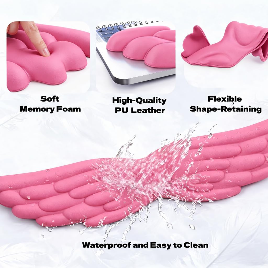 Angel Wing Wrist Rest Ergonomic Memory Foam Wrist Rest for Computer Keyboard Mouse Set with Cup Mat, Cute Gaming Keyboard Cushion Hand Support PU Leather Surface Anti-Slip Waterproof（White）