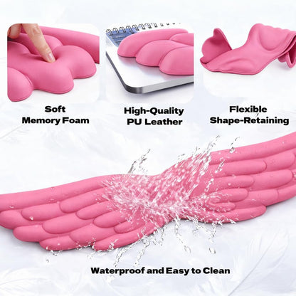 Angel Wing Wrist Rest Ergonomic Memory Foam Wrist Rest for Computer Keyboard Mouse Set with Cup Mat, Cute Gaming Keyboard Cushion Hand Support PU Leather Surface Anti-Slip Waterproof（White）