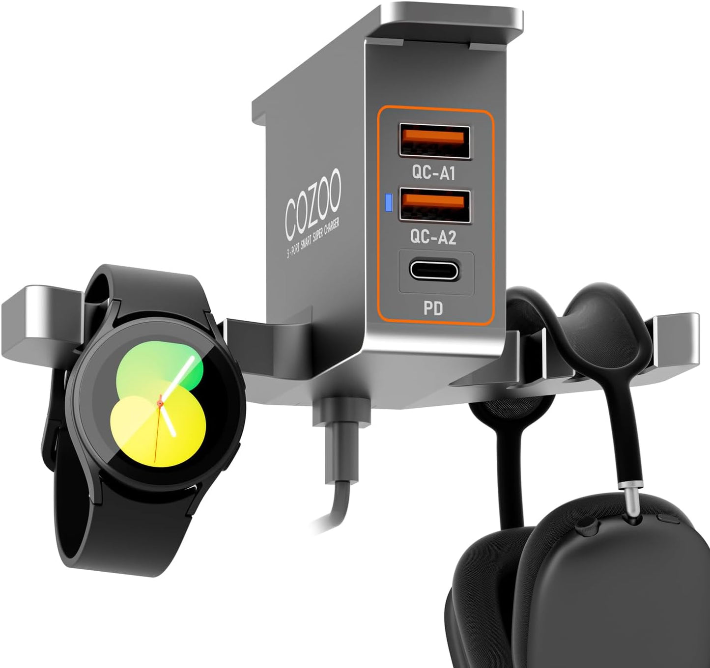 cozoo Headphone Stand with USB Charger Under Desk Headset Holder Mount 3 USB Charging Station,iWatch Stand Watch Dock Dual Earphone Hanger Hook,PC Accessories Gifts,UL Tested