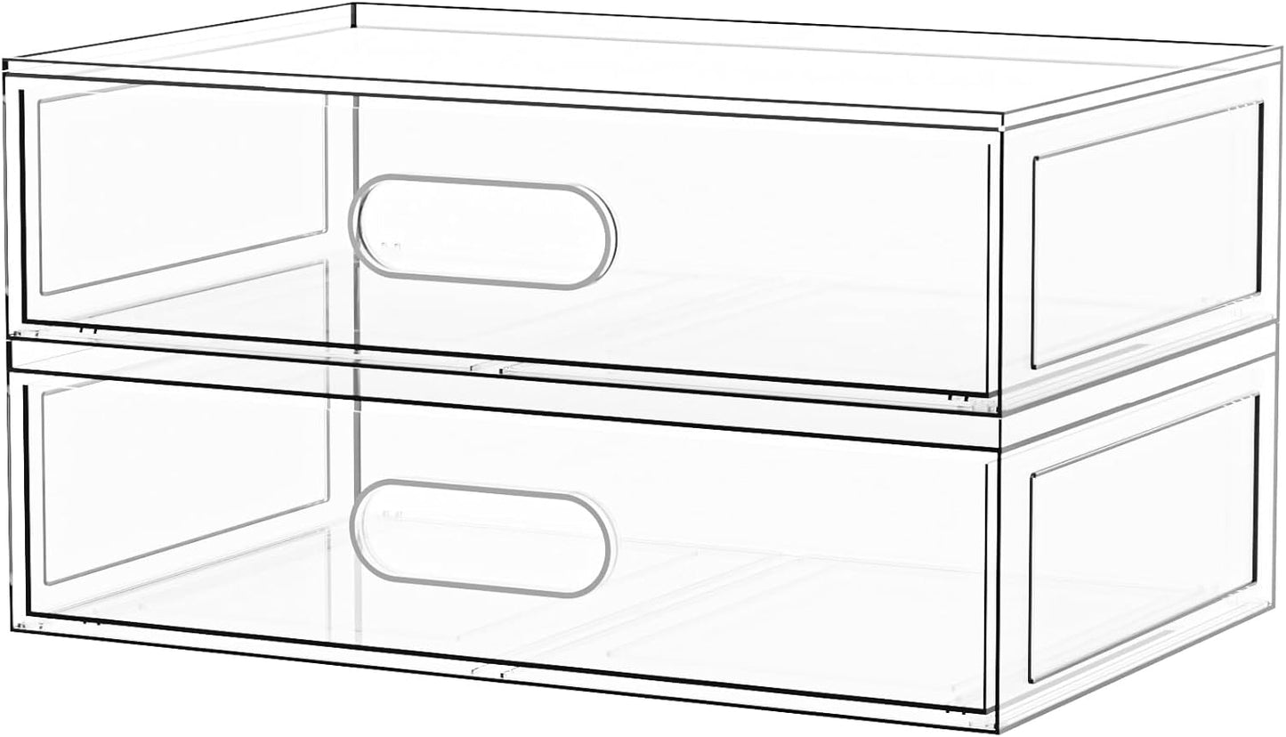 Clear Stackable Makeup Organizer with Drawer, 12''W Acrylic Storage Drawers, Cosmetic Display Case for Vanity Bathroom Countertop, Beauty Holder for Lipstick Brush Skincare Perfume