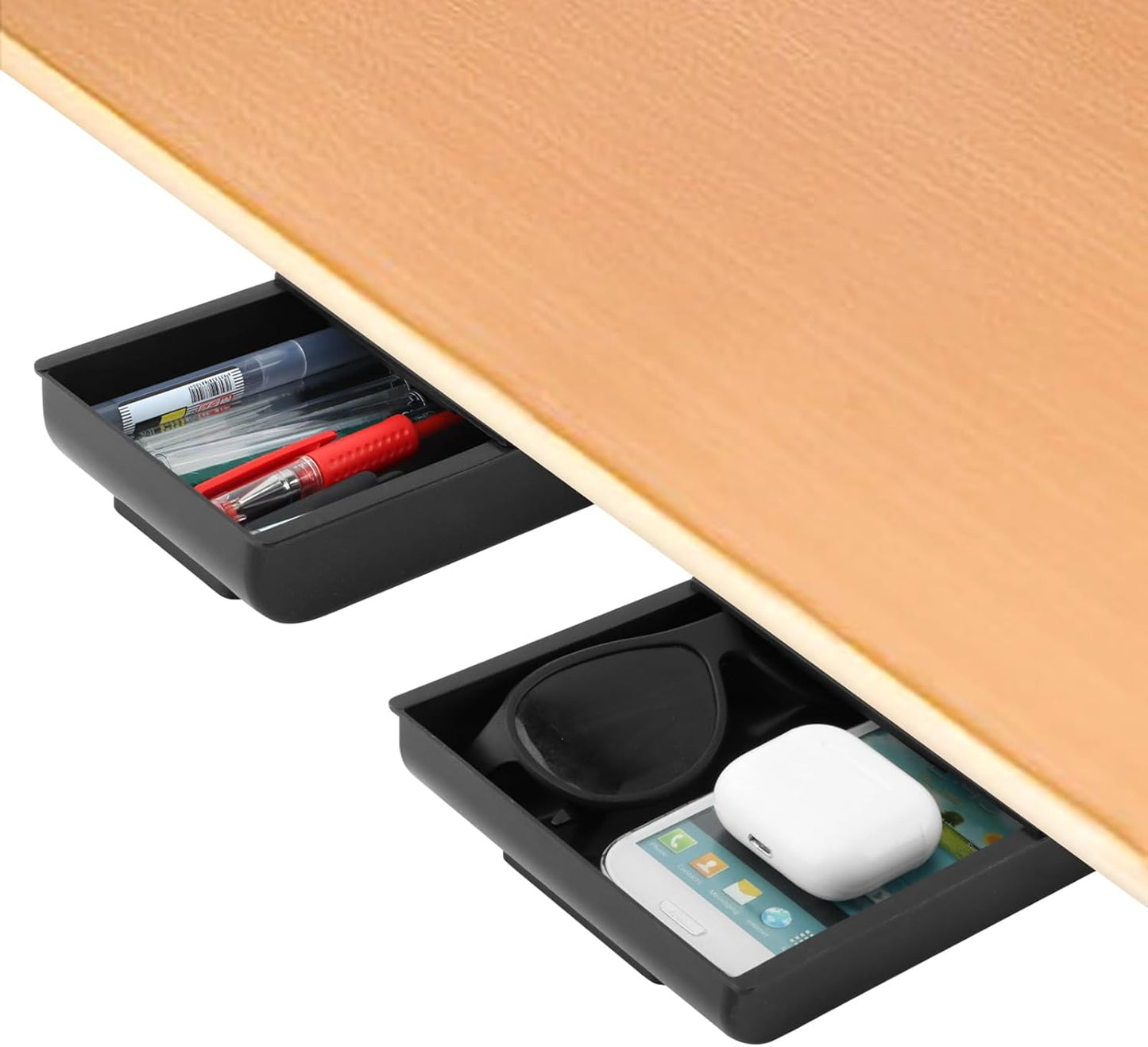 HONUTIGE Under Desk Drawer, 2 Pack Large & Small Under Desk Organizer Self-Adhesive Drawer for Under Desk Slide Out Under Table Storage Attachable Under Desk Storage for Office, Classroom, Home Black