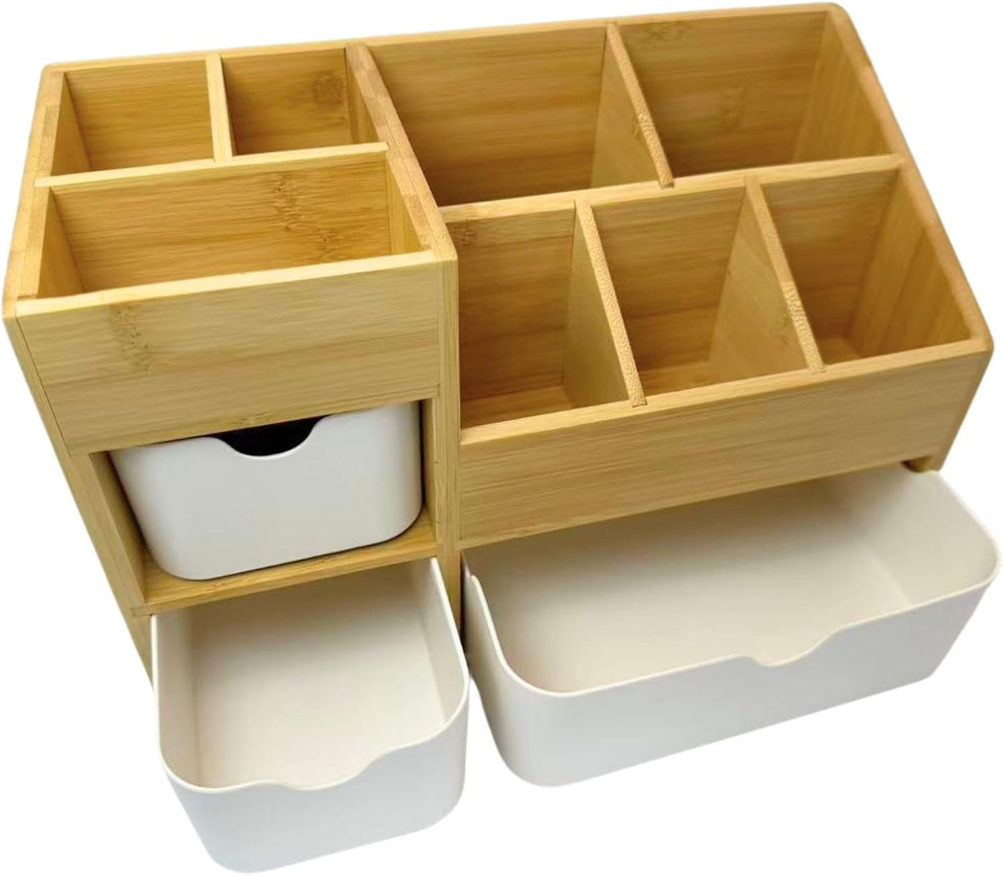 Bamboo Makeup Organizer with 3 Drawers & Adjustable Dividers, Desk Cosmetic Storage Box, Vanity Countertop Organizer for Bathroom, Office, Bedroom (11.5x5.4in)
