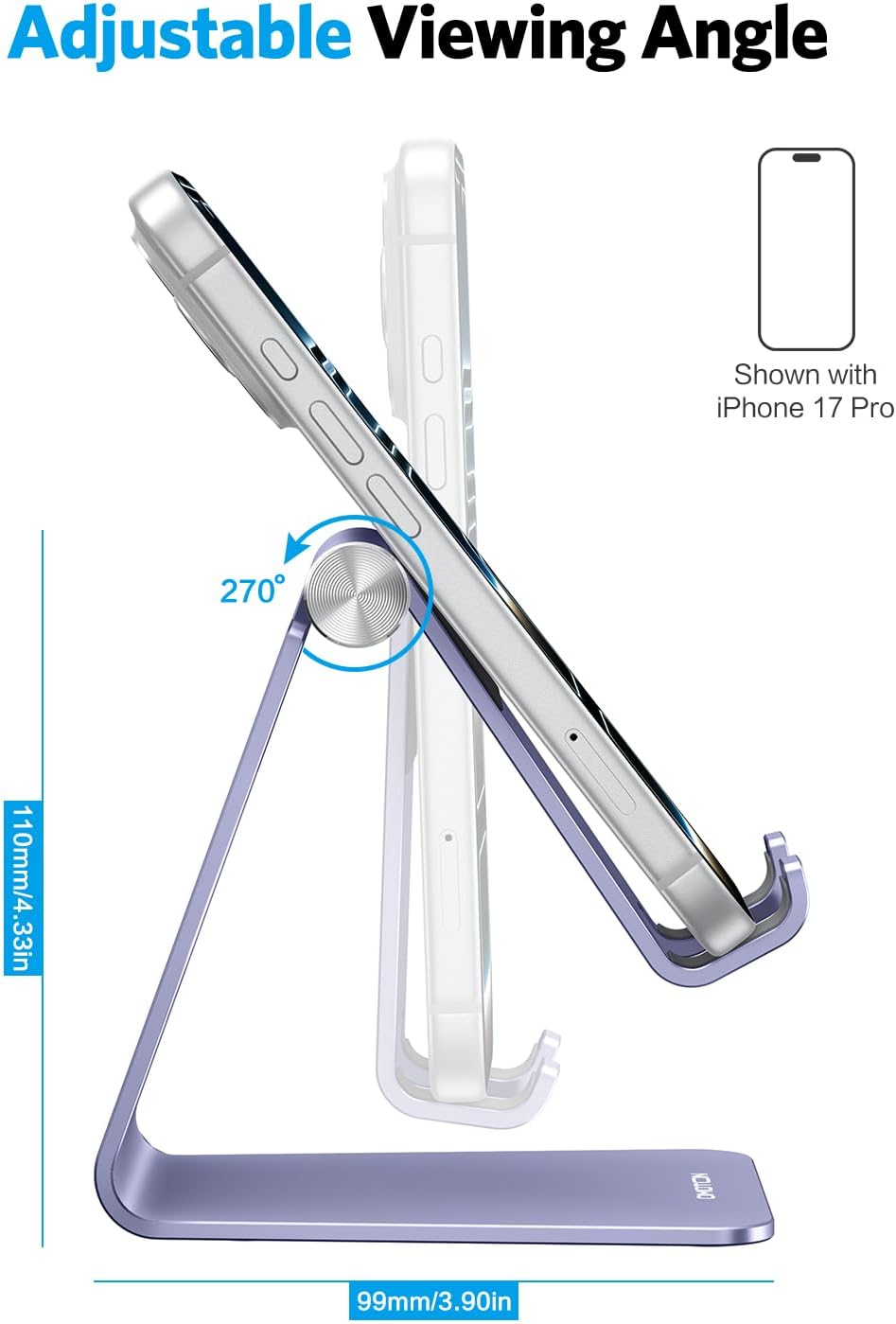 Adjustable Cell Phone Stand, OMOTON Aluminum Desktop Cellphone Stand with Anti-Slip Base and Convenient Charging Port, Fits All Smart Phones, Silver