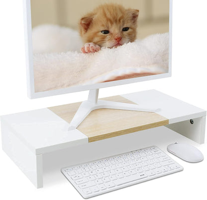 TEAMIX 20 inch White Monitor Stand Riser, Wood Desktop Stand for PC/TV/Laptop/Printer, White Monitor Riser with Storage, Computer Stand with Keyboard Organizer