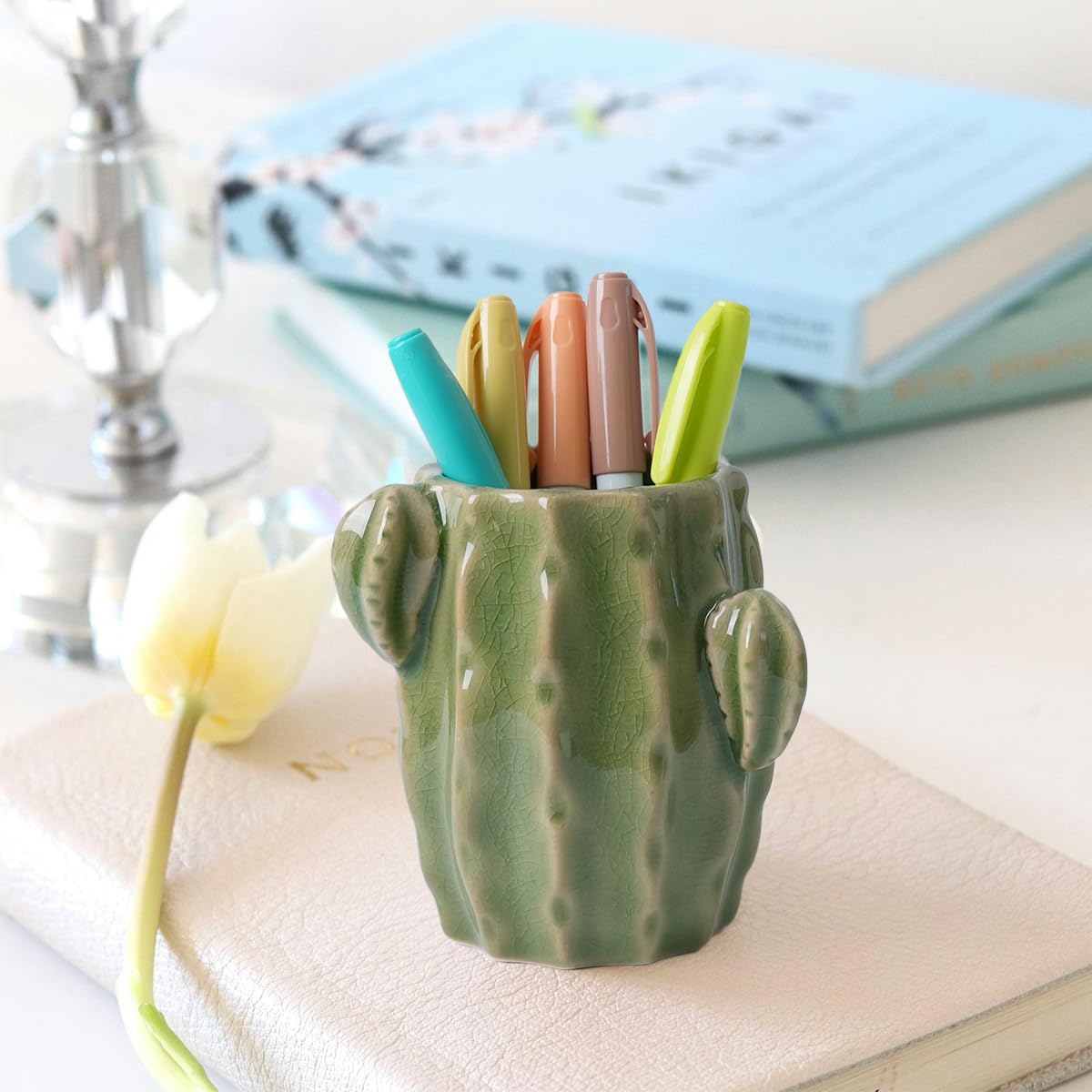 Ceramic Cactus Pen Holder, Cactus Decor Cute Pencil Holder, Makeup Brush Holder for Home, Office Desk Accessories(Dark Green)
