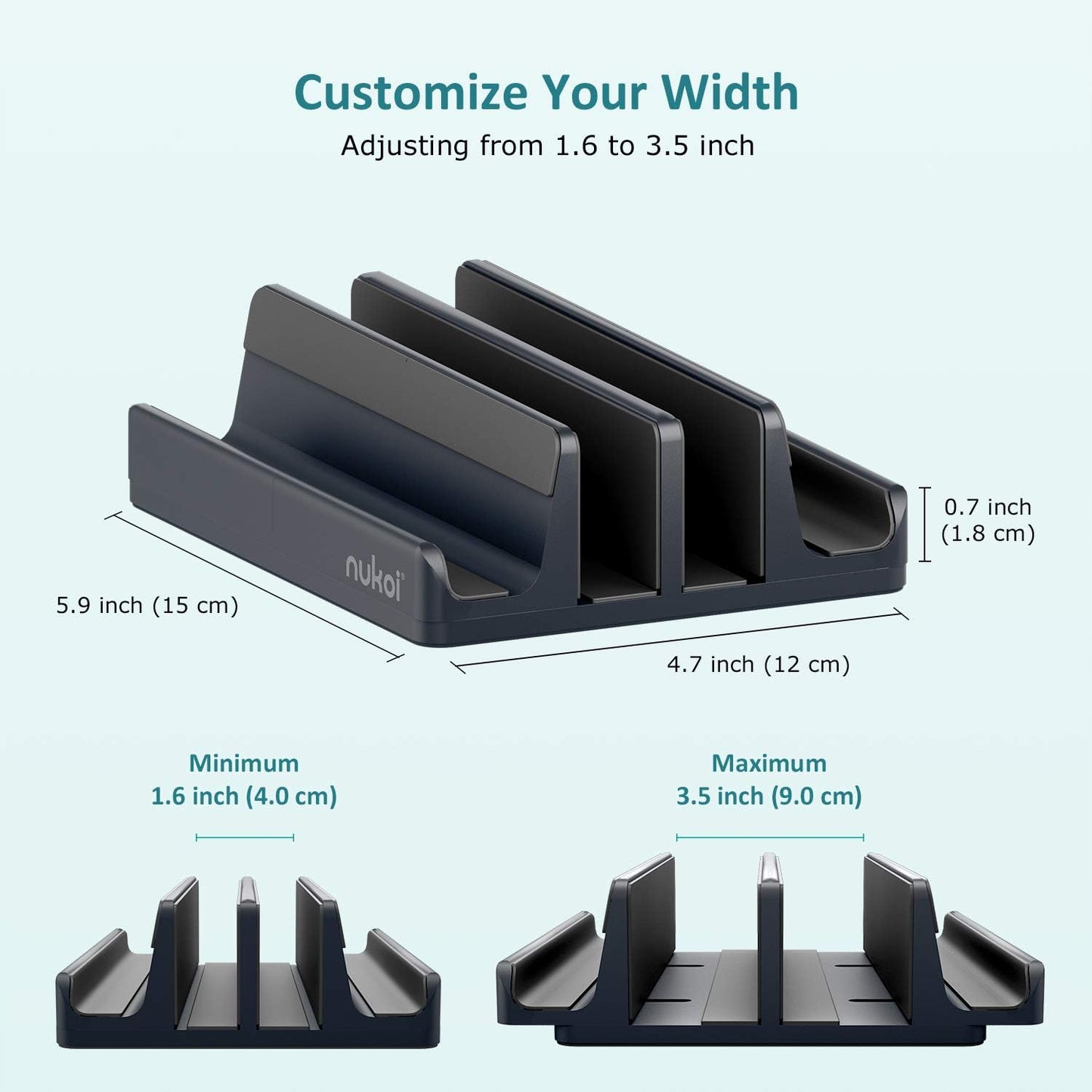 Vertical Laptop Stand - SPACEMax Adjustable GRIPLock Anti-Tip Silicone 4 Slots Aluminum Desktop Holder - Double Dock Stand - 2 Phone Slots Fits Up to 17.3” Laptops, Tablets, Phones - Black