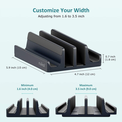 Vertical Laptop Stand - SPACEMax Adjustable GRIPLock Anti-Tip Silicone 4 Slots Aluminum Desktop Holder - Double Dock Stand - 2 Phone Slots Fits Up to 17.3” Laptops, Tablets, Phones - Black