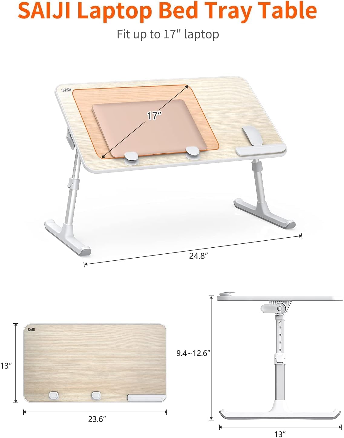 SAIJI Height & Angle Adjustable Laptop Stand for Bed, Lap Desk Bed Tray Table, Light Weight Foldable Portable Laptop Table for Couch Sofa Chair Floor Desk for Adults, Kids (52*30cm Black)