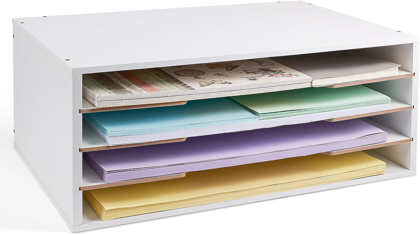 Yumkfoi 12x18 Construction Paper Organizer, 4-Tiers Paper Storage Shelf, Wooden Desk Organizer, File Holder and Letter Tray for Office, Home, Classroom
