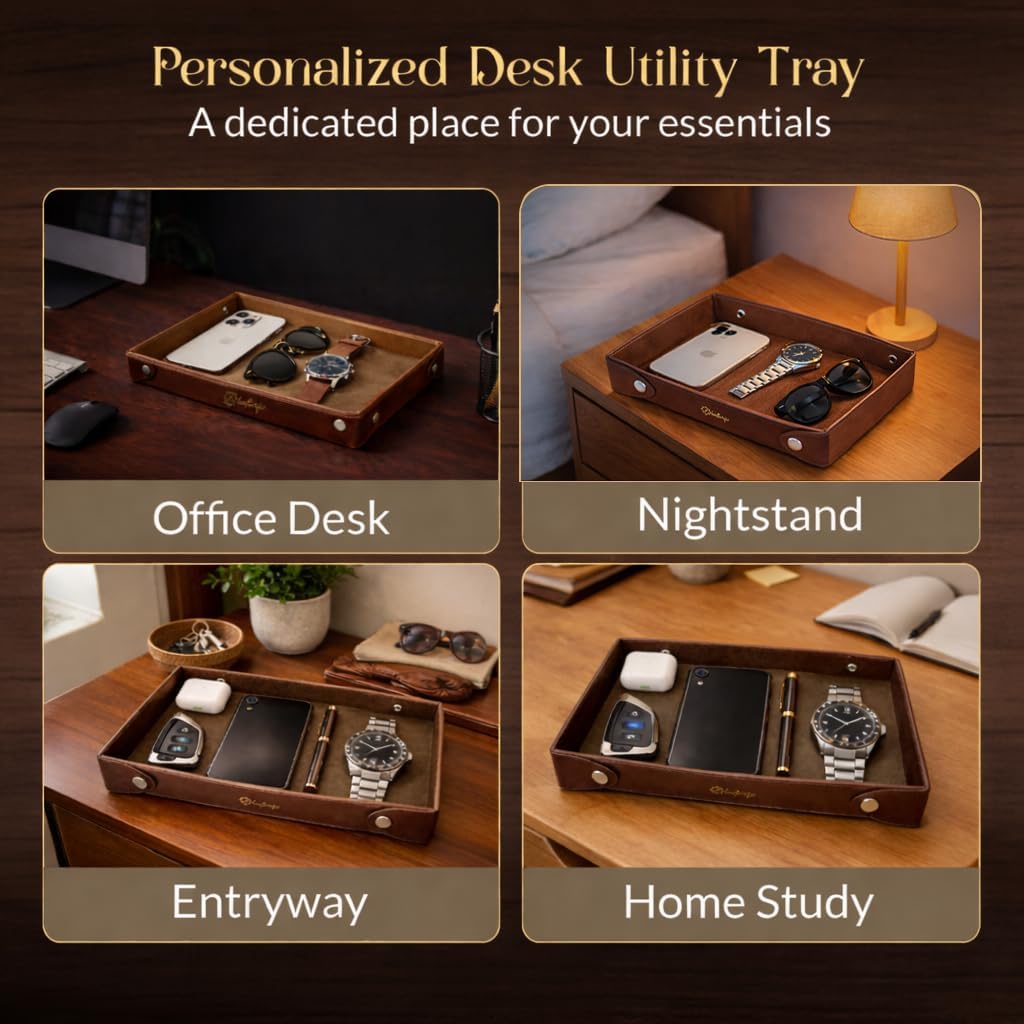 Luxe Genuine Leather Valet Chronicle Tray | Premium Handmade Multipurpose Catchall Tray, Coin Watch Key Trinket Dish for Home Office Desk, Nightstand Entryway (Russet, 11 x 9 x 1.5)