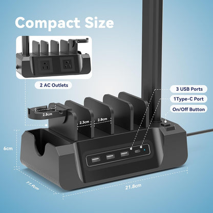 KDD Charging Station with 6 Charging Cables - Fast Charging 6 in 1 Cellphone Charging Dock with Headphone Stand and Watch Holder - 2 AC&USB A&USB C, Storage Station for Smartphone,Tablets, AppleWatch