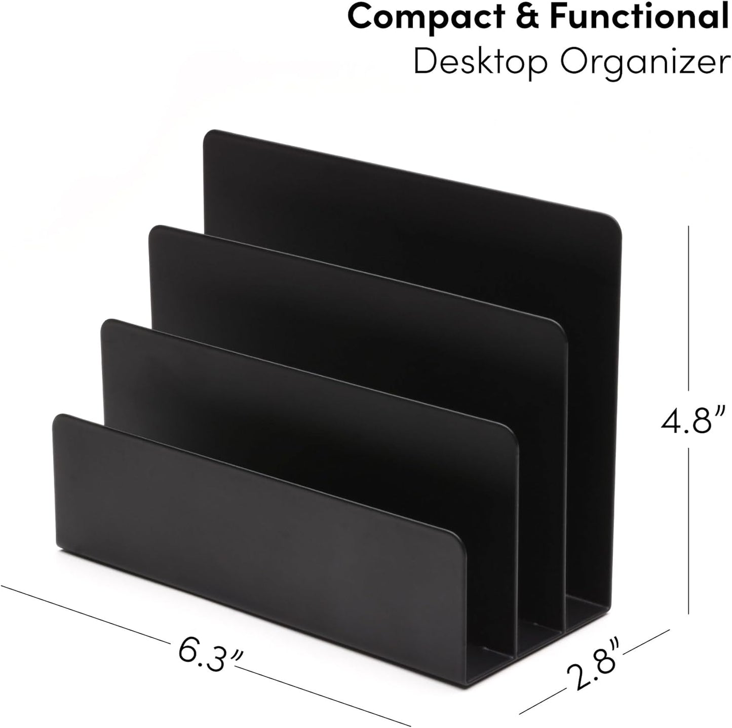 xympo Desktop Mail Organizer – 3-Slot Black Metal Letter Holder and Bill Sorter for Office and Home