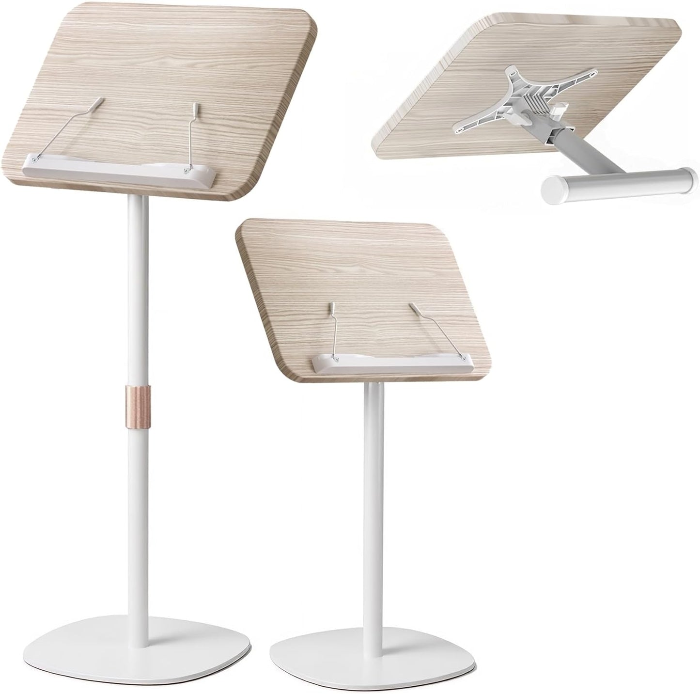 NAMON 2-in-1 Dual-use Floor & Desktop Book Stand, Sturdy Metal & Wood Build, Height Adjustable from 16.5" to 51", Floor Reading Stand for Sheet Music, Cookbooks, Projector (White, 11.8" x 16.5" Panel)