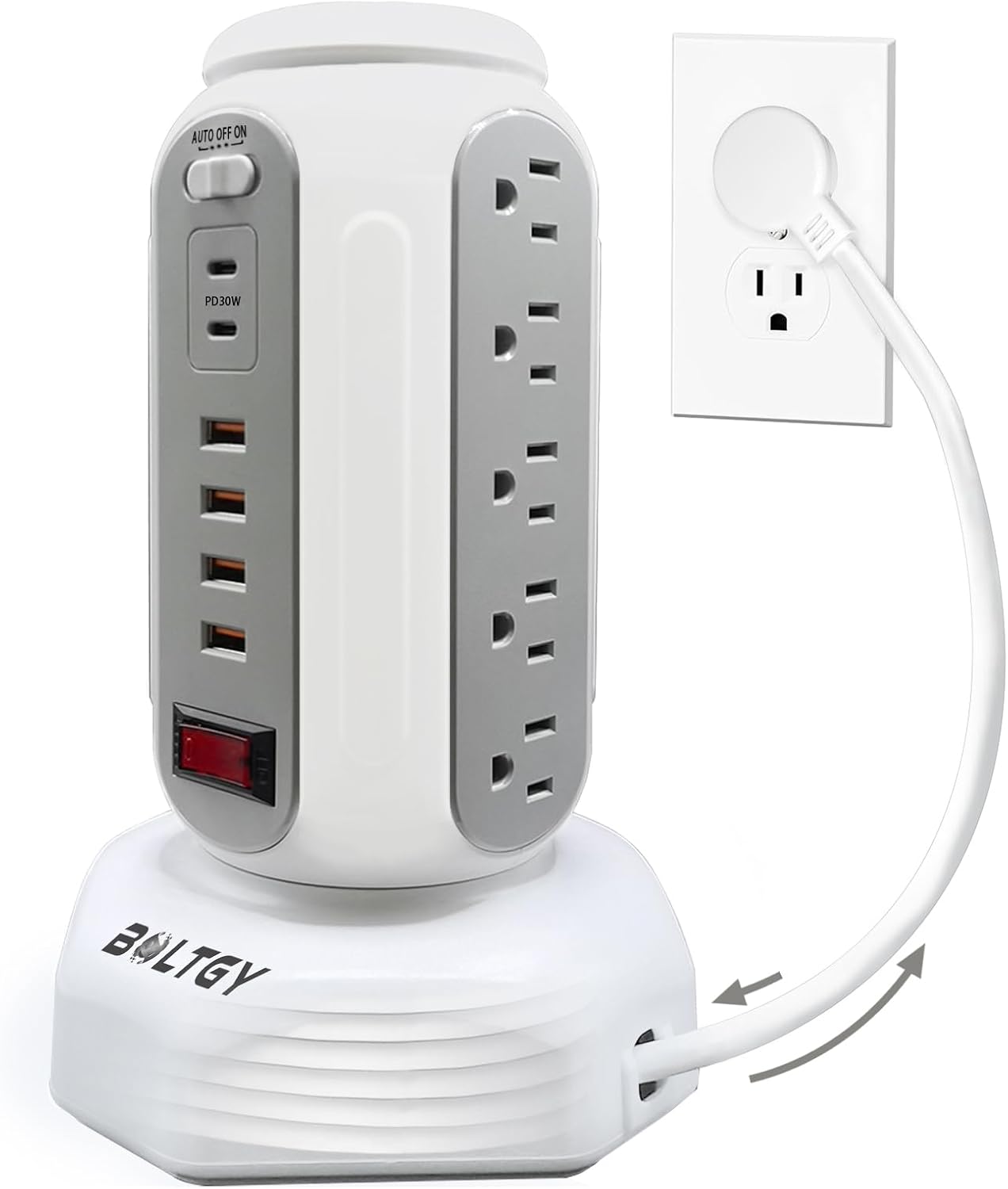 Flat Plug Total Fast Charging Station, Protector with 15 AC Outlets and 6 USB Ports (2 Fast Charge), Tower Surge Protector Power Strip, 6.5FT Extension Cord for Home Office Dorm Room.