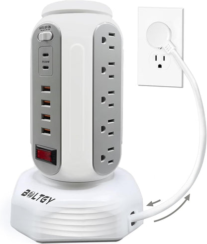 Flat Plug Total Fast Charging Station, Protector with 15 AC Outlets and 6 USB Ports (2 Fast Charge), Tower Surge Protector Power Strip, 6.5FT Extension Cord for Home Office Dorm Room.